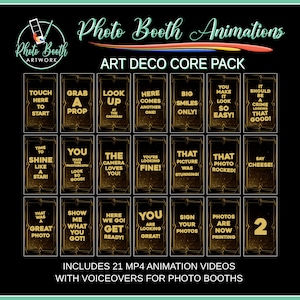 May include: A black background with gold text and Art Deco style borders. The image promotes "Photo Booth Animations" and includes 21 MP4 animation videos with voiceovers for photo booths. Text on cards includes phrases like "Say Cheese!" and "Grab a Prop."