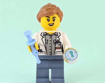 Custom Female Biologist Minifigure with Petri Dish and Blue Syringe - MOC