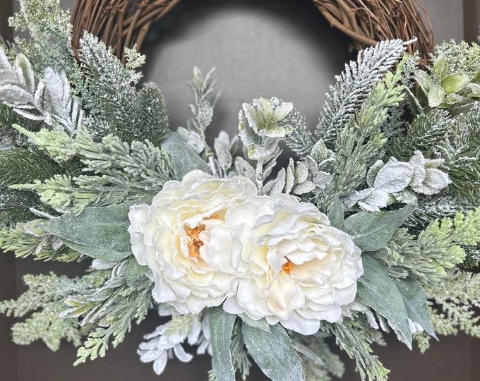 Featured listing image: Winter Peony Wreath, Elegant, Frosted Greenery, Christmas, Front Door, Ready to Ship, One-of-a-Kind