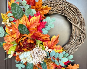 Colorful Fall Grapevine Wreath, Autumn Wreath, Front Door Wreath, Pumpkins, Boho Accents, Fall Decor, Ready to Ship, One of a Kind