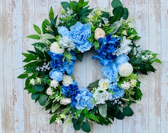 Peony Grapevine Wreath, Blue and White Faux Florals, Front Door Wreath, Simple, Faux Greenery, Ready to Ship