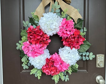 Spring Hydrangea Wreath, Grapevine, Valentines Day, Pink, Red, White, Faux Flower, Faux Greenery, Ready to Ship
