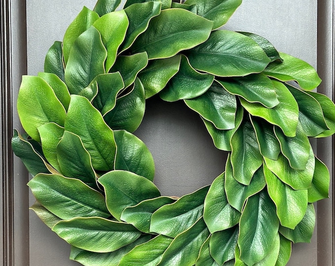 Featured listing image: Magnolia Leaf Wreath, Year-Round Wreath, Grapevine, Rustic, Farmhouse Decor, Faux greenery, Ready to Ship