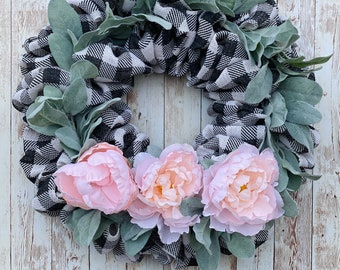 Buffalo Plaid Burlap Wreath, Pink Peony, Lambs Ear, Buffalo check, Farmhouse, Front Door Wreath, Spring, Summer, Year-Round, Ready to Ship