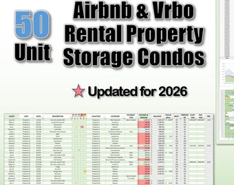 Excel-Vorlage zur Einnahmen- und Ausgabenverfolgung für 50 Wohneinheiten | Mietobjekte, Airbnb, Vrbo, Lagerwohnungen |