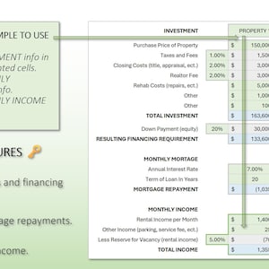 Könnte beinhalten: Eine grün-weiße Tabelle mit dem Titel "Data Enter: Simple to Use" und "Key Features". Die Tabelle zeigt eine Aufschlüsselung der Investitionskosten, Finanzierungsanforderungen und monatlichen Einnahmen für zwei Immobilien. Die Tabelle enthält Daten für Kaufpreis, Steuern und Gebühren, Abschlusskosten, Renovierungskosten, Anzahlung, monatliche Hypothek, jährlicher Zinssatz, Laufzeit des Darlehens, Hypothekenrückzahlung, Mieteinnahmen, sonstige Einnahmen, Abzug für Leerstand und Gesamteinkommen.