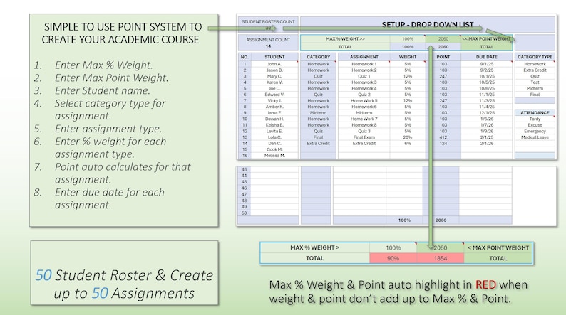 Ultimate 50-student's Roster & Assignments Gradebook | Report Card ...