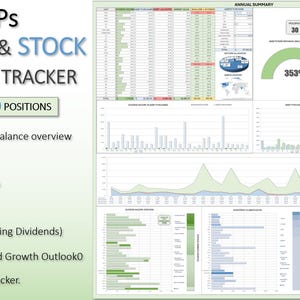 May include: A green and white spreadsheet with the title "DRIPS DIVIDEND & STOCK PORTFOLIO TRACKER" and the text "TRACK UP TO 30 POSITIONS". The spreadsheet includes a variety of charts and graphs, including a pie chart with the text "353%".