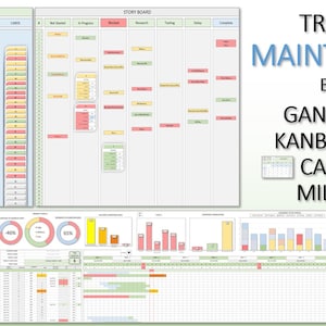 Może przedstawiać: Zrzut ekranu interfejsu oprogramowania do zarządzania projektami z modułem śledzenia konserwacji. Oprogramowanie zawiera wykres Gantta, tablicę Kanban, kalendarz i funkcje kamieni milowych. Interfejs jest biały z niebieskimi, zielonymi, żółtymi i czerwonymi akcentami.