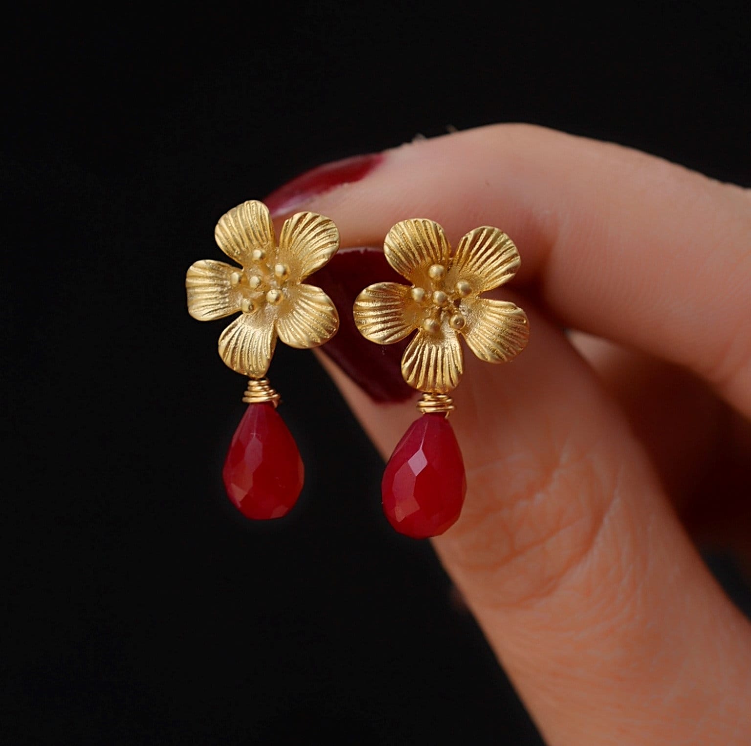 Gold Dainty Floral Studs Fire Red Gem Dangle Earring Flower