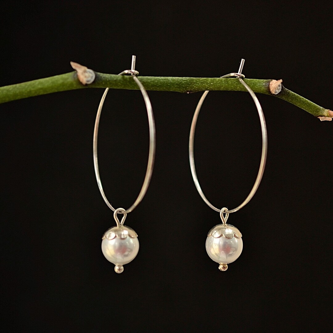 Silver Pearl Hoop Dangle Earrings Freshwater Pearls Earrings Etsy