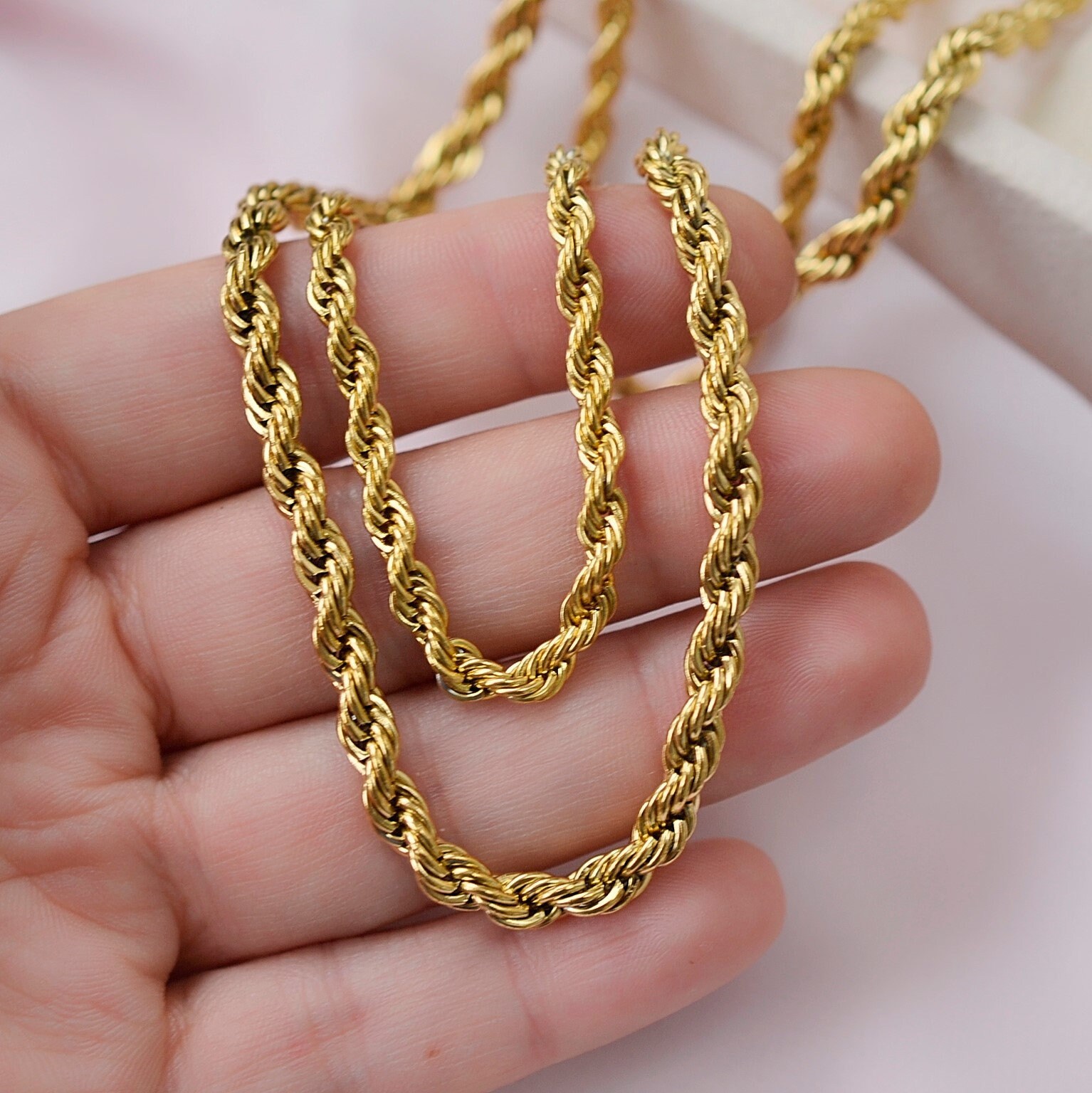 Twisted Rope Link Chain Necklace Stainless Steel Gold Color Unisex