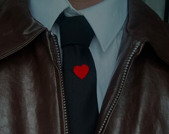 Slim black tie with a small heart | custom hand made embroidery uk