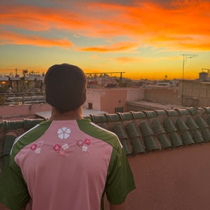 Japan x nigo football shirt in pink with custom floral cherry blossom embroidery