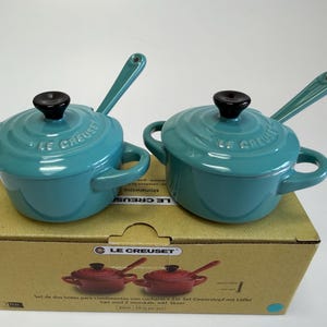 Le Creuset mini-kruiderijpotjes met lepels in turkoois, nieuw met kaartjes