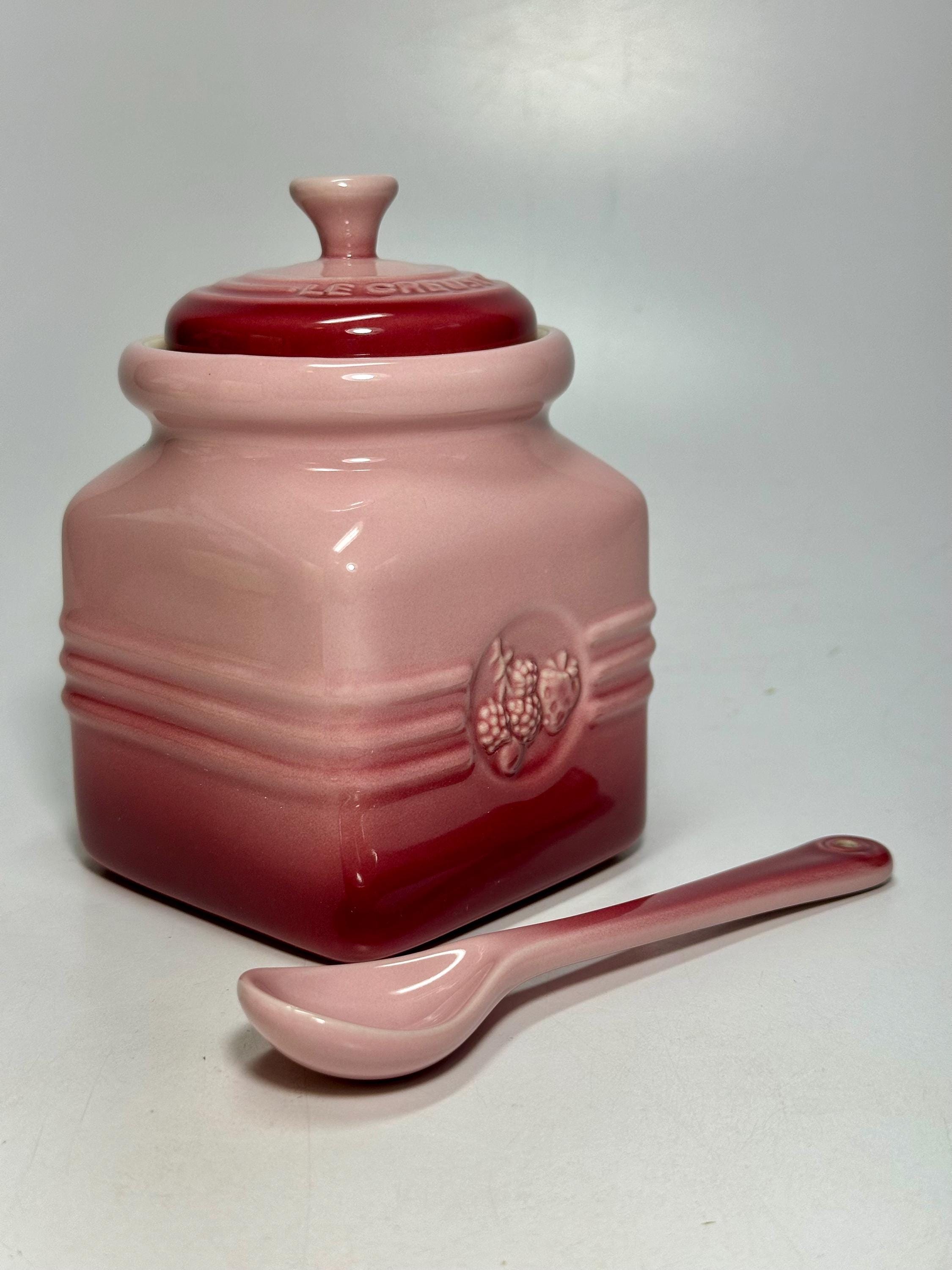 Le Creuset Pink Stoneware Ceramic Jelly Jar With Spoon Rare