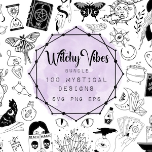 Puede incluir: Un conjunto de 100 diseños místicos de vibraciones de bruja en blanco y negro. Los diseños incluyen una variedad de símbolos, como lunas, estrellas, cristales y cartas de tarot. El texto "Witchy Vibes Bundle 100 Mystical Designs SVG PNG EPS" está en el centro de la imagen.