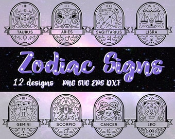 May include: A set of 12 black and white zodiac signs in a circle with a banner at the bottom. The signs are Taurus, Aries, Sagittarius, Libra, Gemini, Scorpio, Cancer, and Leo. The text "Zodiac Signs" and "12 designs PNG SVG EPS DXF" are at the bottom of the image.