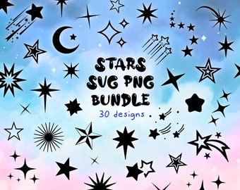 May include: A set of 30 black and white star SVG and PNG designs. The stars are in various shapes and sizes, including shooting stars, crescent moons, and traditional five-pointed stars. The text "STARS SVG PNG BUNDLE 30 designs" is written in a bold, playful font.
