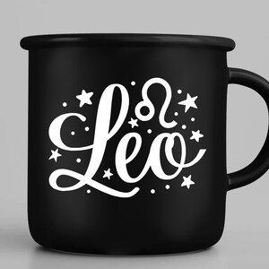 May include: Black ceramic mug with a white design of the astrological sign Leo and the word "Leo" surrounded by stars.
