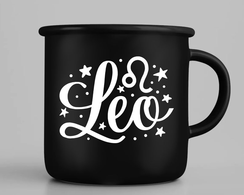 May include: Black ceramic mug with a white design of the astrological sign Leo and the word "Leo" surrounded by stars.