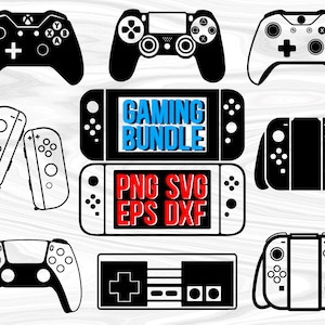 May include: A set of black and white gaming console controller SVG cut files. The set includes controllers for the Nintendo Switch, Playstation, Xbox, and NES. The text "Gaming Bundle" and "PNG SVG EPS DXF" is included in the image.