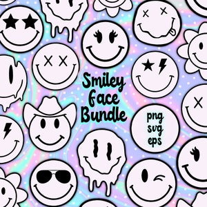 May include: A digital download bundle of 12 black and white smiley face illustrations. The faces have different expressions and features, including sunglasses, a cowboy hat, and dripping eyes. The text "Smiley Face Bundle" is written in a black and white font. The text "png, svg, eps" is written in a black and white font.