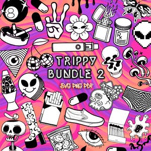 May include: A collection of 20 black and white psychedelic illustrations, including a skull, a flower, a mushroom, a cigarette pack, a pill, a pair of shoes, a lava lamp, an alien, a pair of underwear, a lighter, a pair of boots, an eye, a peace sign, a butterfly, a disco ball, a cigarette, a matchbox, a skull with a melting face, and a bag of weed. The illustrations are on a pink and purple background with a swirling pattern.