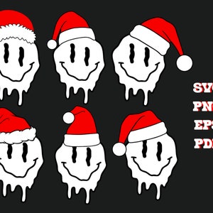 May include: Six white melting smiley faces with red and white Santa hats. The smiley faces are dripping with white paint. The background is black. SVG, PNG, EPS, PDF.