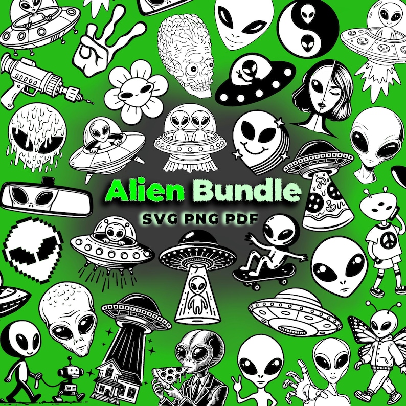 May include: A digital download bundle of black and white alien illustrations. The illustrations include aliens in various poses, including flying in spaceships, holding pizza, and wearing sunglasses. The text "Alien Bundle SVG PNG PDF" is included in the image.