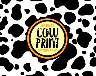 Puede incluir: Un patrón sin costuras de manchas de vaca blancas y negras con un círculo amarillo en el centro que dice "Seamless Cow Print SVG PNG EPS DXF".