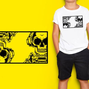 May include: Black and white illustration of two skulls wearing headphones and holding video game controllers. The skulls are facing each other and are set against a white background.