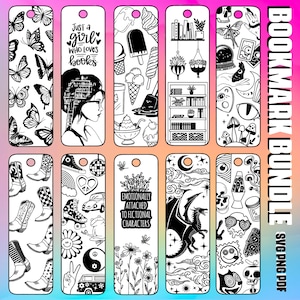 Könnte beinhalten: Ein Set mit zehn schwarz-weißen Lesezeichen-Designs. Die Designs beinhalten ein Mädchen, das ein Buch liest, Eiswaffeln, ein Bücherregal, einen Drachen, eine Lavalampe, ein Peace-Zeichen, einen Schmetterling, einen Frosch, einen Schädel und einen Pilz.