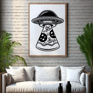 May include: Black and white illustration of a flying saucer beaming down a slice of pizza. The pizza has pepperoni and mushrooms.