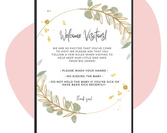 New Baby Rules for Visitors (EDITABLE!) - Hospital Door Sign for Newborn - Rules for Visiting New Baby Printable/Pretty Gold Greenery Wreath