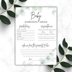 baby predictions and advice baby shower activity sheet on granite counter top with green leafs on either side and on the background of the activity sheet