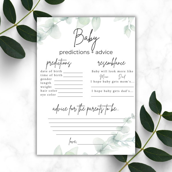 New Baby Predictions & Advice (EDITABLE!) - Baby Shower Activity Printable  (greenery, neutral, boho baby shower themed print out)