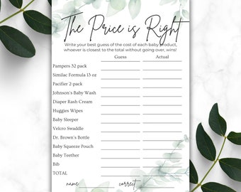 The Price is Right babyshowerspel – groenthema (BEWERKBAAR, afdrukbaar)