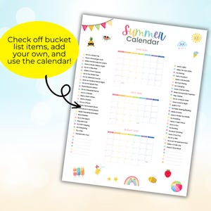 2025 Summer Bucket List Calendar for Kids - Summer Bucket List Printable, Printable Summer Checklist for Kids (color)