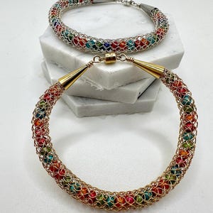 14K Gold-filled or Sterling Wire-Crocheted Bracelet filled with beads in happy carnival colors, magnetic closure, 6.5&quot;-7.5&quot;
