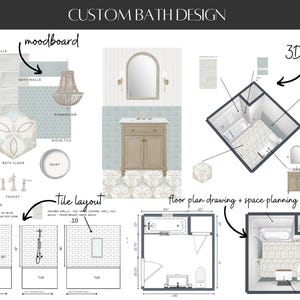 Paquete de diseño de interiores virtual personalizado para baño, selecciones, tablero de ideas, lista de compras, dibujo de plano de planta, renderizado 3D, disposición de mosaicos