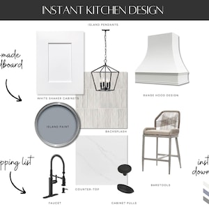 Tablero de estado de ánimo de cocina prefabricado, Lista de compras, Diseño de interiores virtual, Diseñador en línea, Decoración del hogar, Digital, Decorador en línea, Tablero de diseño