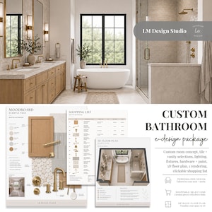 Paquete de diseño de interiores virtual personalizado para baños: selecciones, panel de inspiración, lista de compras, plano de planta, renderizado 3D, diseño de azulejos.