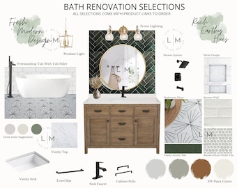 May include: Bathroom renovation inspiration board with a modern design theme.  The board features a freestanding tub with a tub filler, a vanity with a sink, a mirror, sconces, a shower system, a niche design, a vanity top, a towel bar, cabinet pulls, a sink faucet, grout color suggestions, vanity accent tile, shower floor/niche tile, and SW paint colors.