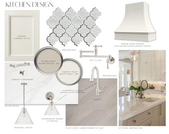 May include: A kitchen design mood board featuring a shaker cabinet style, backsplash tile, cabinet hardware, pendant lights, and a range hood design. The board includes paint samples labeled "Island Paint Revere Pewter" and "Cabinet Paint White Dove". The text "Kitchen Design" is at the top.