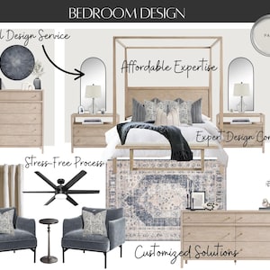 Diseño de interiores Dormitorio personalizado, Servicio de diseño de interiores virtual, Invitado, Dormitorio principal, Diseño costero, Diseño en línea, Decorador, Tablero de estado de ánimo