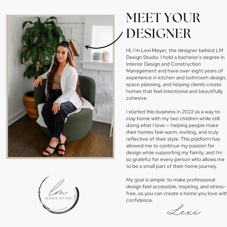 Op de afbeelding: Een vrouw in een witte blazer en zwarte broek zit in een groene stoel. De tekst luidt "MEET YOUR DESIGNER" en introduceert Lexi Meyer van LM Design Studio. Het logo is een zwart-wit cirkelvormig ontwerp.