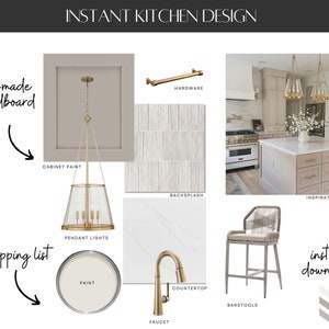 Tablero de ideas para cocinas prefabricado, lista de compras, diseño de interiores virtual, diseñador en línea, decoración del hogar, digital, decorador en línea, tablero de diseño