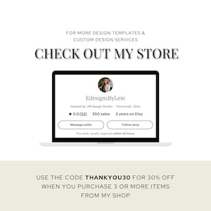 Op de afbeelding: Een laptopscherm toont een Etsy-winkelprofiel, "EdesignsByLexi", met een sterrenbeoordeling, verkoopaantal en winkelleeftijd. De tekst "CHECK OUT MY STORE" staat boven de laptop. Daaronder staat "USE THE CODE THANKYOU30 FOR 30% OFF."