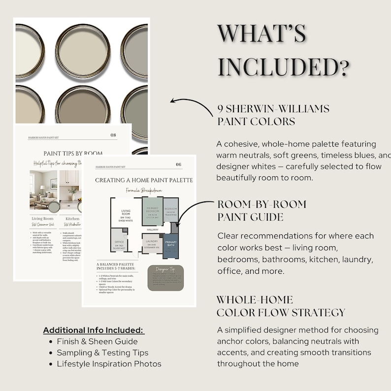 Op de afbeelding: Afbeelding van een gids voor een huisverfpalet. Het bevat verfkleurstalen, aanbevelingen per kamer en een kleurstroomstrategie voor het hele huis. De tekst luidt "What's Included?" en "9 Sherwin Williams Paint Colors."